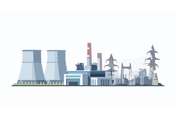 Obraz premium Modern Power Plant Generating Electricity Vector Illustration with Cooling Towers and Transmission Lines