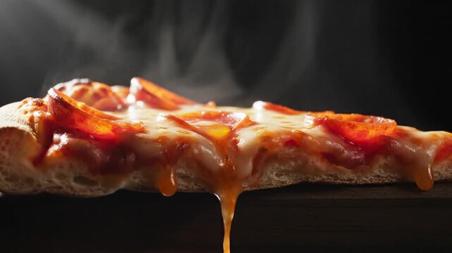 Hot pepperoni pizza slice with melting cheese and rising steam