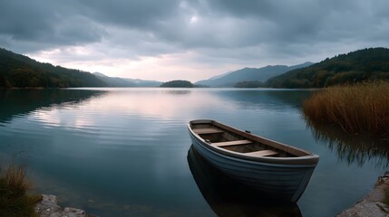 Obraz premium A solitary boat rests on a serene moody lake surrounded by forested hills under an overcast sky
