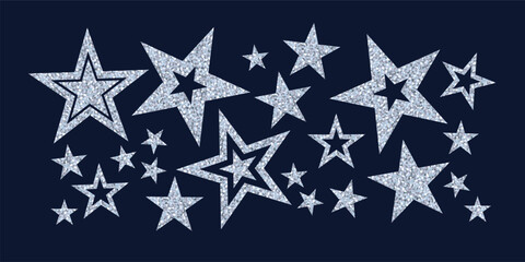 Beautiful composition with shining silver stars on dark background