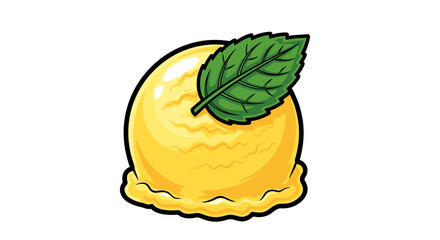 A vibrant yellow lemon with a green leaf on top is centered on a plain white surface viewed from directly above in a simple illustration style