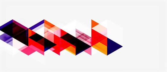 Obraz premium Abstract geometric shapes, triangles overlap creating dynamic pattern. Colors include red, purple, orange, black, pink. Minimalist design.