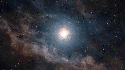 Fototapeta premium A brilliant luminous star radiates light amidst a vast colorful cosmic nebula and starry sky