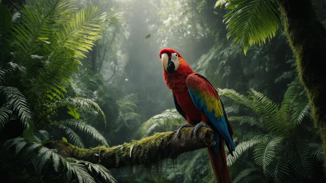 Rainforest Canopy. Animal Habitats Around the World. Jungle Habitat. A bright red macaw parrot perched on a mossy branch surrounded by thick tropical ferns, set in a misty, lush rainforest
