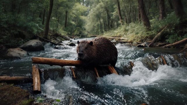 River Stream. Animal Habitats Around the World. River Habitat. A brown beaver building a dam with wooden sticks in the middle of a flowing river, set in a lush temperate forest with a rushing stream
