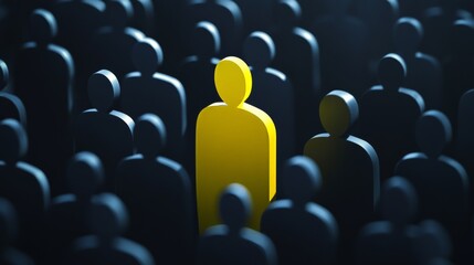 Obraz premium Yellow figure stands out among dark figures in crowd, highlighting individuality and uniqueness in social settings
