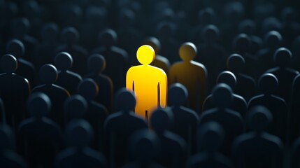 Obraz premium Yellow figure stands out in a crowd of dark figures showing the idea of individuality and uniqueness in a general setting