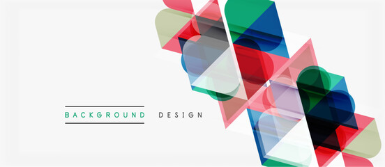 Obraz premium Abstract geometric shapes overlap, creating vibrant color gradients. Minimalist design with text elements present. Clean, modern aesthetic.