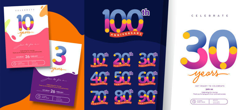 Playful anniversary number collection, Includes multiple milestone numbers 10th - 100th anniversaries and invitation layout design, for celebrating in corporate, brands events.