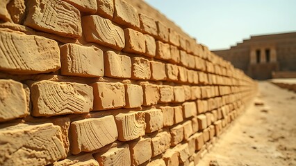 Obraz premium Ancient Mesopotamian mud-brick ziggurat structure, weathered surface in warm desert light. real-estate listings.