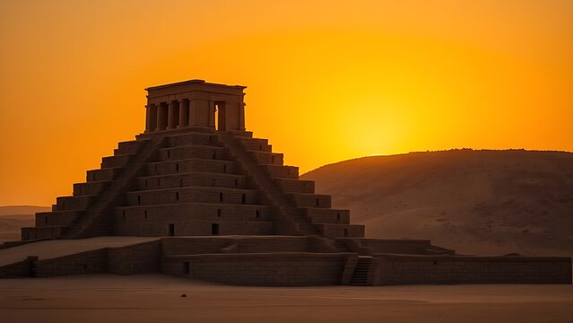 Majestic stepped ziggurat ruins at twilight against golden desert sky. real-estate listings, architecture portfolios, designed for real-estate listing and luxury residence showcases.