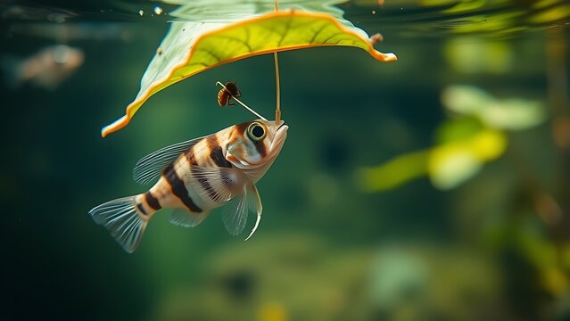 Archerfish aiming at an insect above the water surface. wildlife magazines, conservation campaigns, designed for nature documentaries and education, supports conservation.