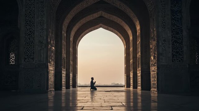Silhouette of a person praying inside an ancient mosque at sunset.