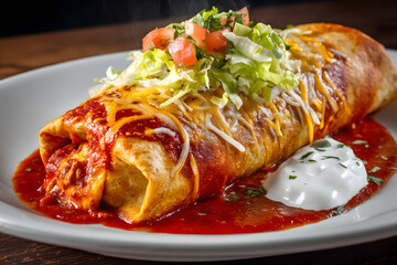 Large Golden Brown Chimichanga Isolated on White Plate with Toppings and Sauces