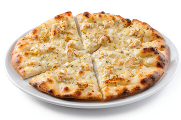Geometrically Perfect Slice of White Clam Pizza Served on a Round Plate with Crispy Crust and Toppings