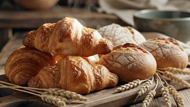 Steaming croissants and bread rolls on wooden board with wheat