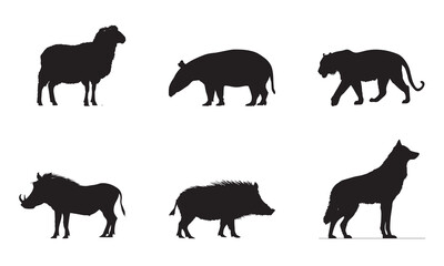 Silhouettes of sheep, rhinoceros, warthog, lion, wild boar, and wolf showcasing wildlife diversity, strength, adaptation, predator-prey dynamics, and natural habitats.