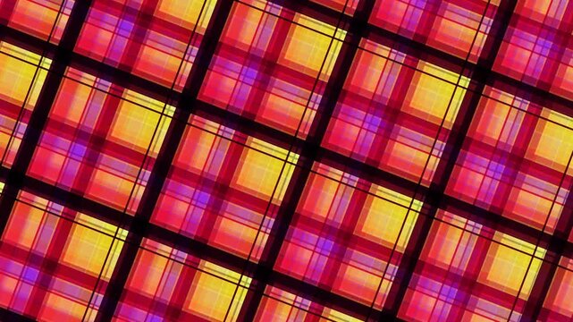 Vibrant tartan moire pattern with red, yellow, and purple hues in a dynamic grid