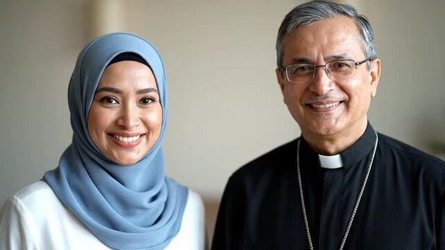 Smiling Muslim woman and Christian cleric standing together indoors