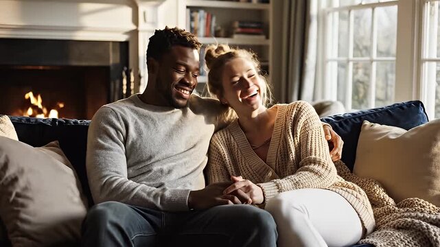Couple sitting on a couch together.