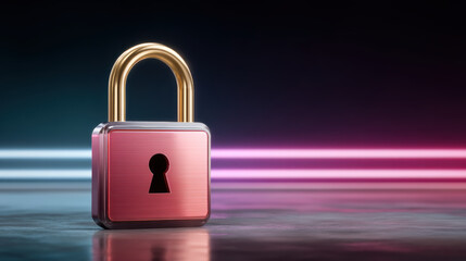 Naklejka premium Cybersecurity padlock reflective surface with neon light streaks evoking secure data protection