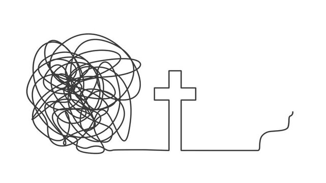 Path to Christian religion concept. Metaphor of problem solving, chaos and mess, difficult situation. Change of mindset. Unraveling tangled tangle.