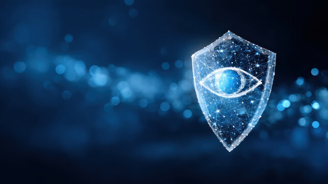 Cybersecurity digital shield with eye network protecting data and privacy in blue glow