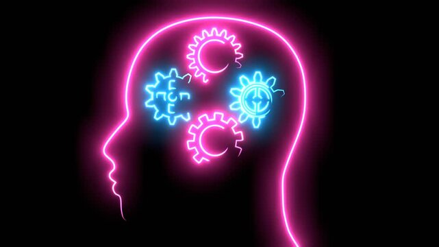 Human head with gear wheels inside. Productivity, effectiveness concept. Intelligence and knowledge development with brain performance. Gears and technical wheels as thoughts. Neon glowing.
