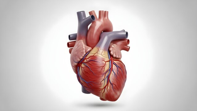 Realistic anatomical 3D illustration of the human heart showing chambers, major vessels, coronary arteries and veins, highlighting cardiac structure responsible for pumping blood through systemic and 
