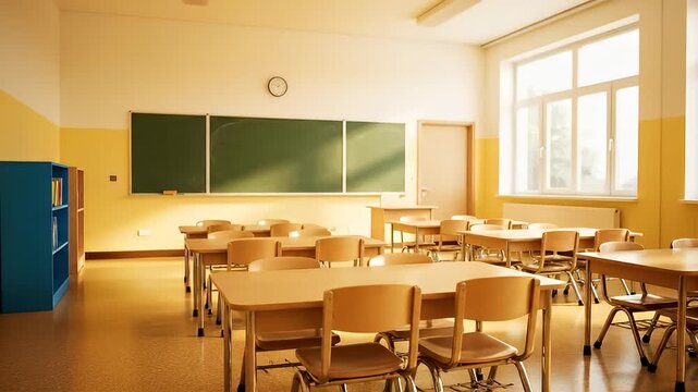 Empty school classroom with desks chairs.