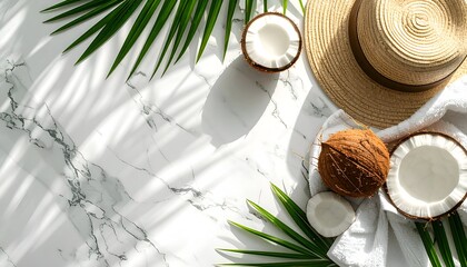 Tropical flatlay of coconut, hat, and foliage on white marble in sunlight