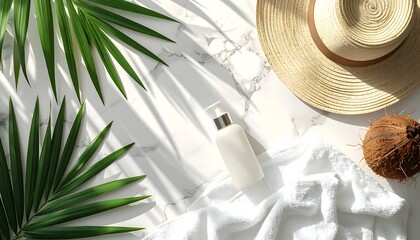 Beach scene marble background, leaves, hat, coconut, sunscreen, and towel