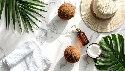 Beachy flat lay coconut, palm, sunhat, lotion, towel on marble with shadows