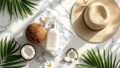 Tropical wellness still life with coconut, towel, lotion, hat, and marble