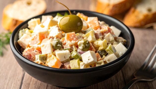 Ensaladilla rusa tradicional con aceituna verde en cuenco negro sobre mesa de madera