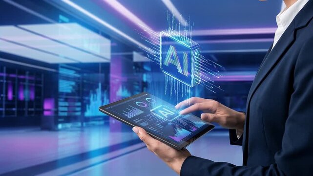 AI解析アイコンが浮かぶ中でタブレットを操作する女性ビジネスパーソンの業務シーン