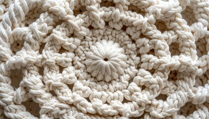Detailed close-up of an intricate, handmade, circular, off-white crochet pattern