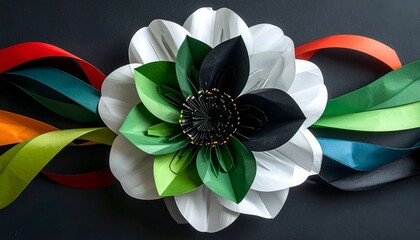 Flower collage w/ white, green, black petals & colorful ribbons on black