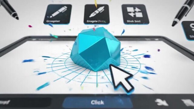 Digital art creation with stylus pens on a tablet interface, displaying 3D geometric object and drawing tools