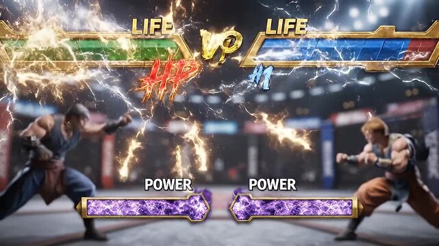 Fighting game characters in arena.