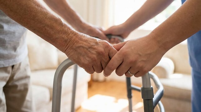 Supportive caregiver helping a senior citizen with a mobility walker at home.