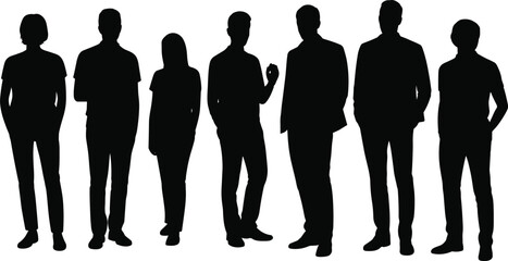 Group silhouettes illustration with diverse standing figures, casual and formal postures, human body language concept, black and white artwork design © Sojib