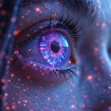 close up of human eye with lavender digital data overlay, macro, biometrics, futuristic tech style, glowing neon accents, clean interface, 3d render, cyberpunk aesthetics, 8k Model: Flux.1 [dev]