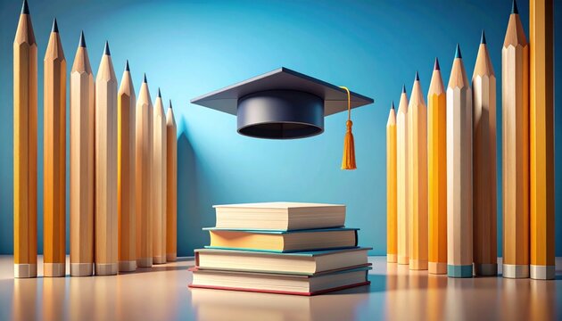 Stacked books, graduation cap, pencils, education concept, blue background