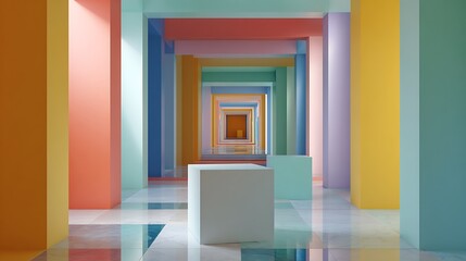 Fototapeta premium Geometric composition showcasing a series of colorful rectangular frames with a marble floor