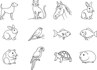 Obraz premium Charming line art illustrations of common domestic and farm animals, including a dog, cat, horse, rabbit, bird, fish, hamster, parrot, turtle, and guinea pig.