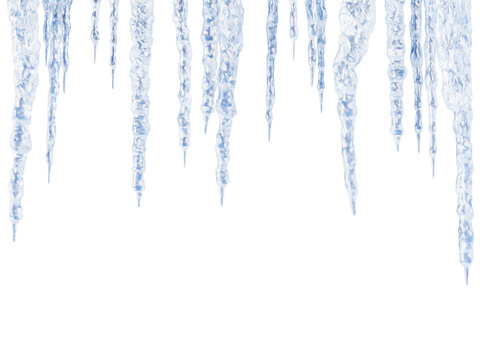 Ice stalactites frame - white transparent hanging icicles on blue 3d background. Winter border of icy crystals, frozen water, long sharp stalagmites. Natural pattern horizontal banner