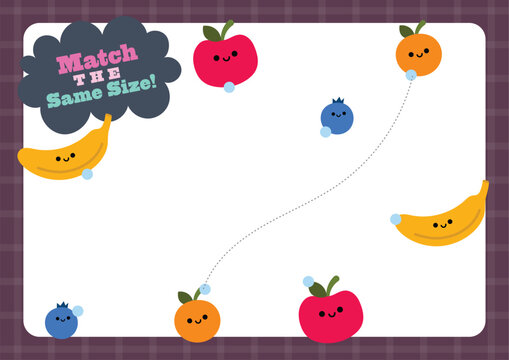A colorful printable kids worksheet shows a match the same size activity where children draw lines connecting equal sized items for classroom lessons, homeschooling, early learning development.