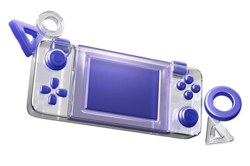 Retro handheld game console on black 3d background. Clear transparent design with blue glass screen, button and flying geometric shapes. Portable arcade video gaming console, joystick © marozhkastudio