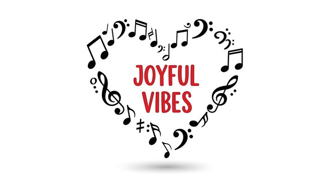 Joyful vibes musical heart illustration with black notes and symbols forming decorative border around red typography on clean white background for design
